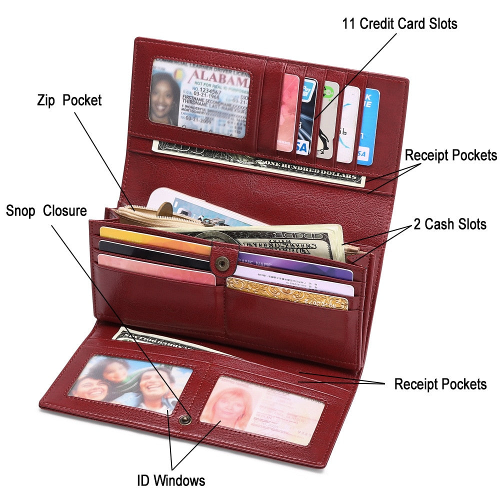 Long Purse Waxed Cowhide Purse Large Capacity Women&#39;s Clutch Luxury Designer Bags