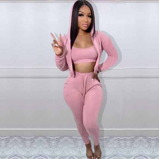 3 Pieces Set Women Casual Hoodies Sweatshirt Sexy Crop Tops and High Waist Pants Long Sleeve