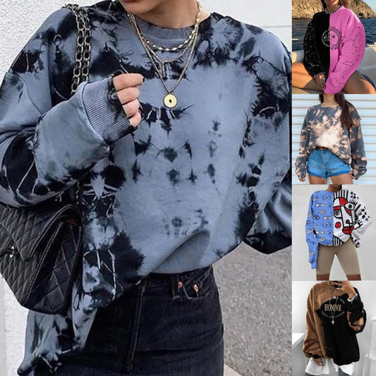 Shirt For Women Tid Dye Long Sleeve Shirts Autumn Winter Hoodies Sweatshirts Casual Loose Pullover Sweatshirt Blouses Tops