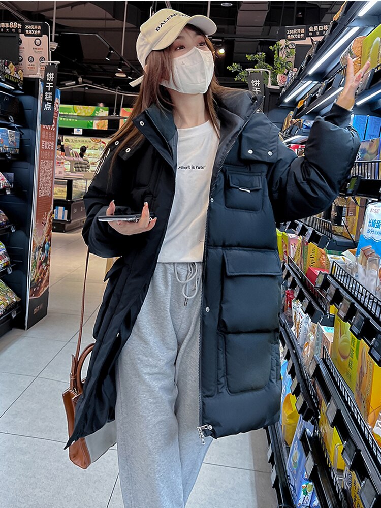 2022 Winter Mid-Long Parkas Jackets Women Solid Casual Thick Warm Hooded Coat Female Korean Cotton Padded Loose Puffer Coats
