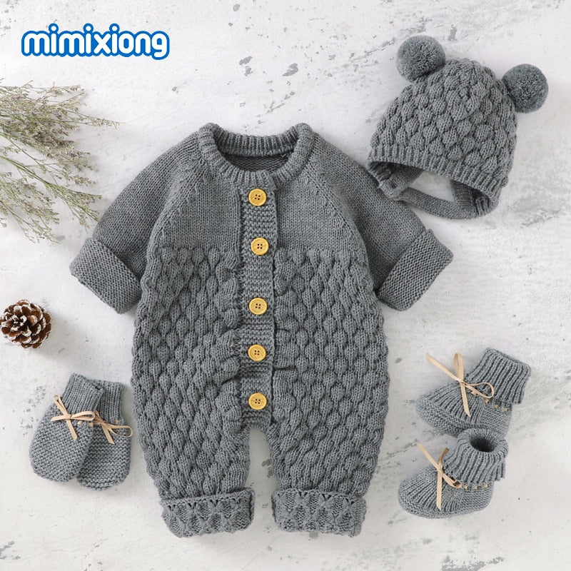 Baby Rompers Caps Clothes Sets Newborn Girl Boy Knitted Jumpsuits Outfits Autumn Winter Long Sleeve Toddler Infant Overalls 2pcs