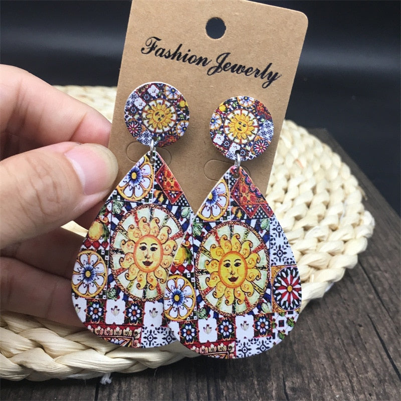 Bohemian Ethnic Church Ceramic Pattern Statement Earrings Vintage Wooden Big Round Water Drop Earrings For Women Jewelry Gift
