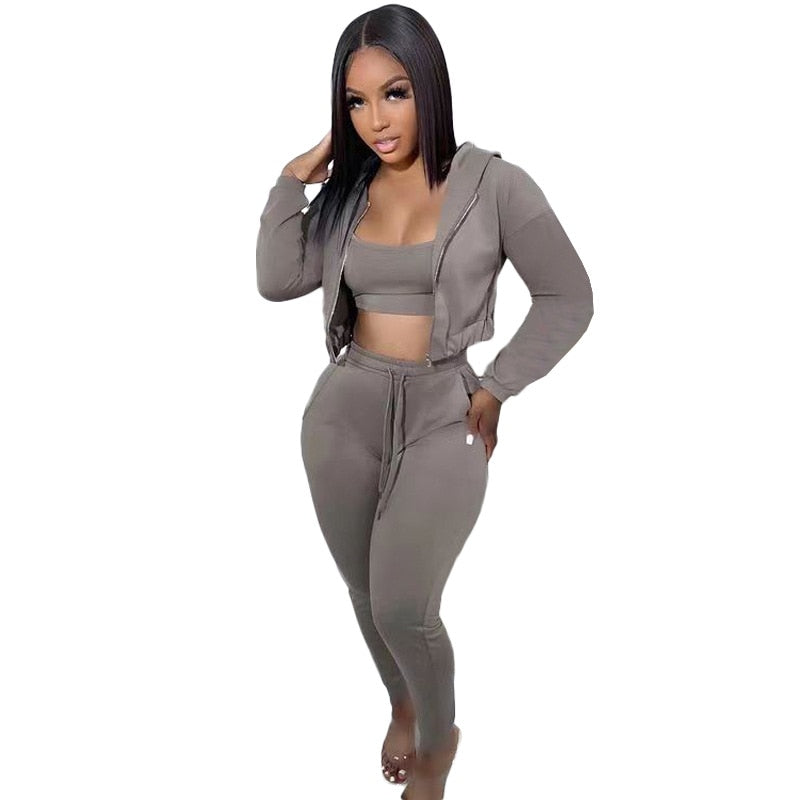 3 Pieces Set Women Casual Hoodies Sweatshirt Sexy Crop Tops and High Waist Pants Long Sleeve