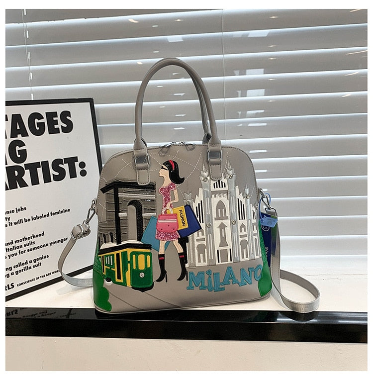 Cartoon Embroidery Backpack Women Shell Purses and Handbags Fashion Designer Ladies Shoulder Bags High Quality Female Totes