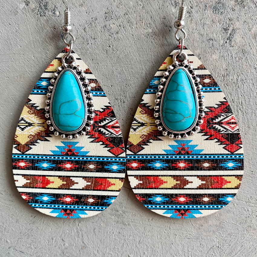 Aztec Pattern Wood Turquoise Teardrop Earrings for Women 2022 New Western Inspired Earrings Boho Jewelry Wholesale