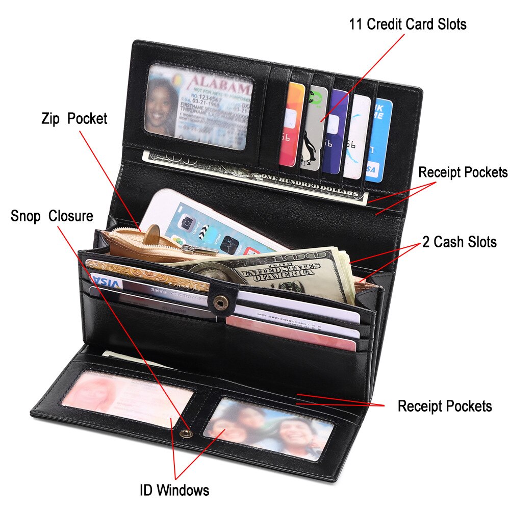 Long Purse Waxed Cowhide Purse Large Capacity Women&#39;s Clutch Luxury Designer Bags