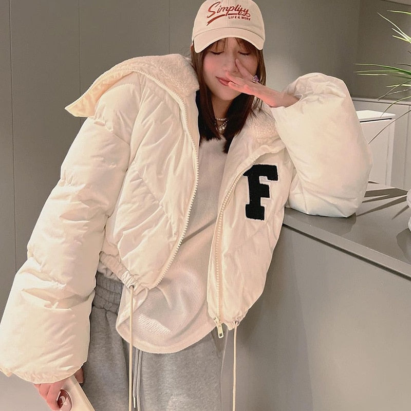 Bubble Puffer Coats Crop Jacket Fur Collar Casual Thick Warm Down Cropped Coat 2022 Women Y2K Clothes Streetwear Letter Jakcets