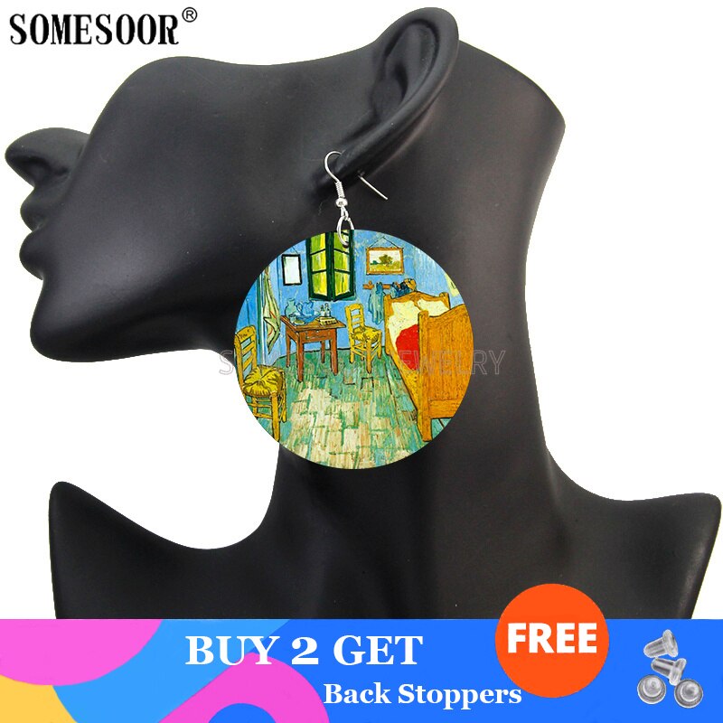 SOMESOOR Genius Painter Van Gogh Arts Portrait Wooden Drop Earrings Starry Night Sunflower Painting Women Dangle Jewelry Gift