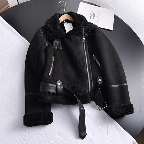 Winter Women Thick Warm Suede Lamb Jacket Short Motorcycle Brown Coats Faux Shearling Sheepskin Leather Jackets Outwear