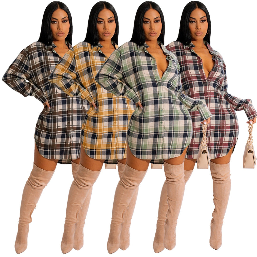 Turn-down Collar Long sleeve Single Breasted Plaid Slim Coat Shirt Dress