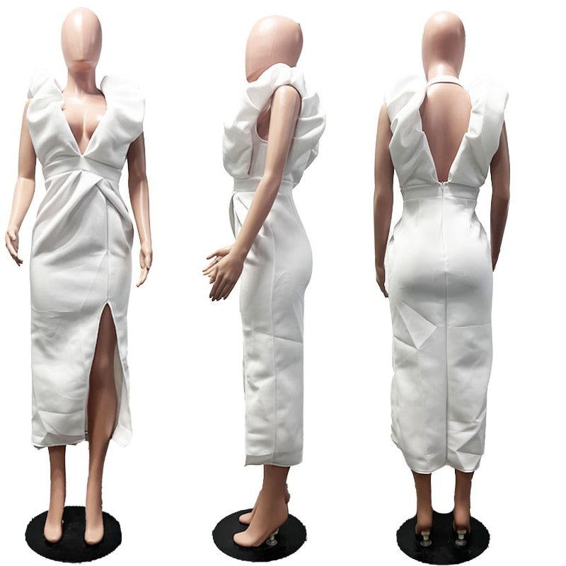 Elegant Ruffles Shoulder Deep V Neck Backless Evening Prom Long Dress