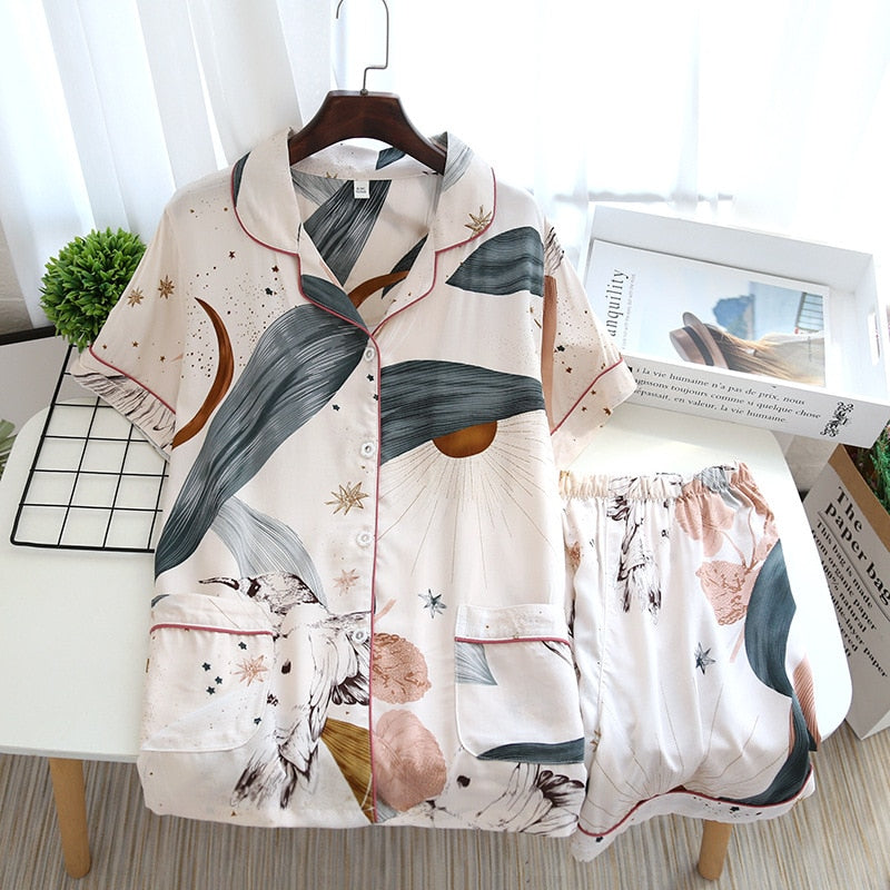 Pajamas Set Short-sleeved Shorts Home Pijima Loose Two-piece Suit for Home Sleepwear Printed Plus Size Female Pijima