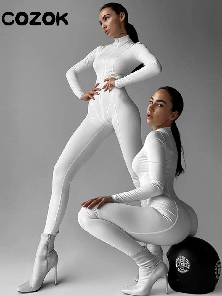 Knitted Zip Up Long Sleeve Women Jumpsuits Elegant Pure Color Bodycon Rompers Bright Line Patchwork Workout Loungewear Jumpsuit