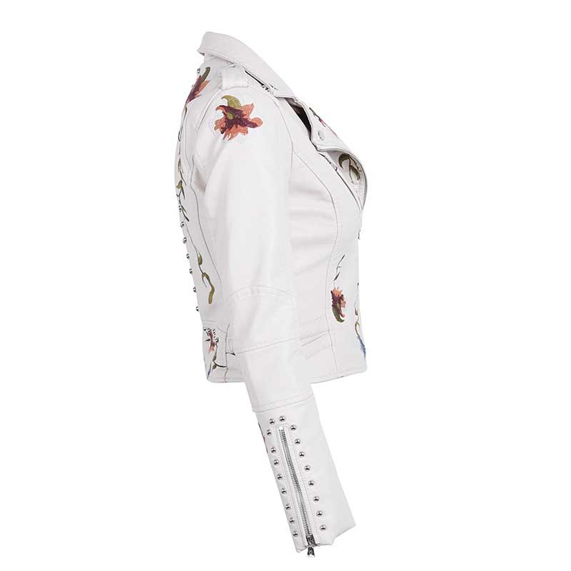 Ailegogo Spring Autumn Flowers Embroidery Pu Leather Jacket Women Turn-down Collar Rivet Zipper Black Biker Coats Tops Clothes