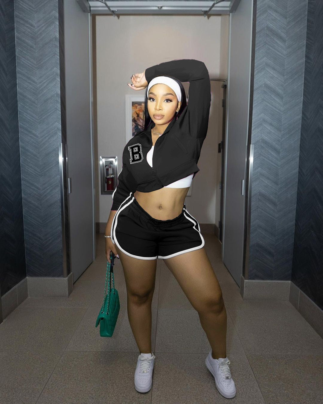 Striped Side Shorts Suit and Zipper Fly Track Tops Sport Two 2 Piece Set Outfits Chic Tracksuit Sweatsuit