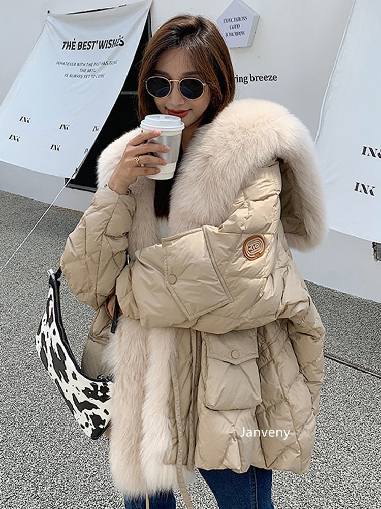 Janveny Big Luxury Real Fox Fur Collar 2022 Women Winter Down Jacket 90% Duck Down Coat Puffer Feather Female Parka Snow Outwear
