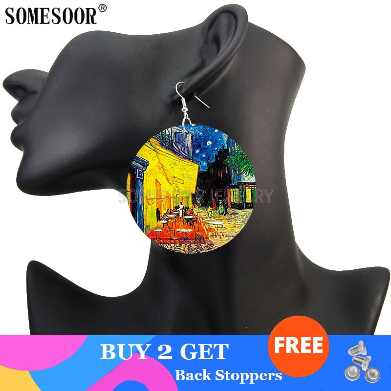 SOMESOOR Genius Painter Van Gogh Arts Portrait Wooden Drop Earrings Starry Night Sunflower Painting Women Dangle Jewelry Gift