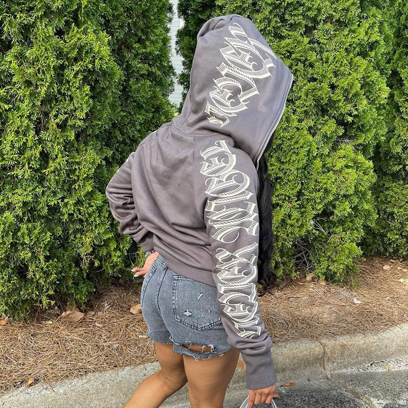 Women Zip Up Letter Printed Long Sleeve Gothic Punk Y2k Hoodie