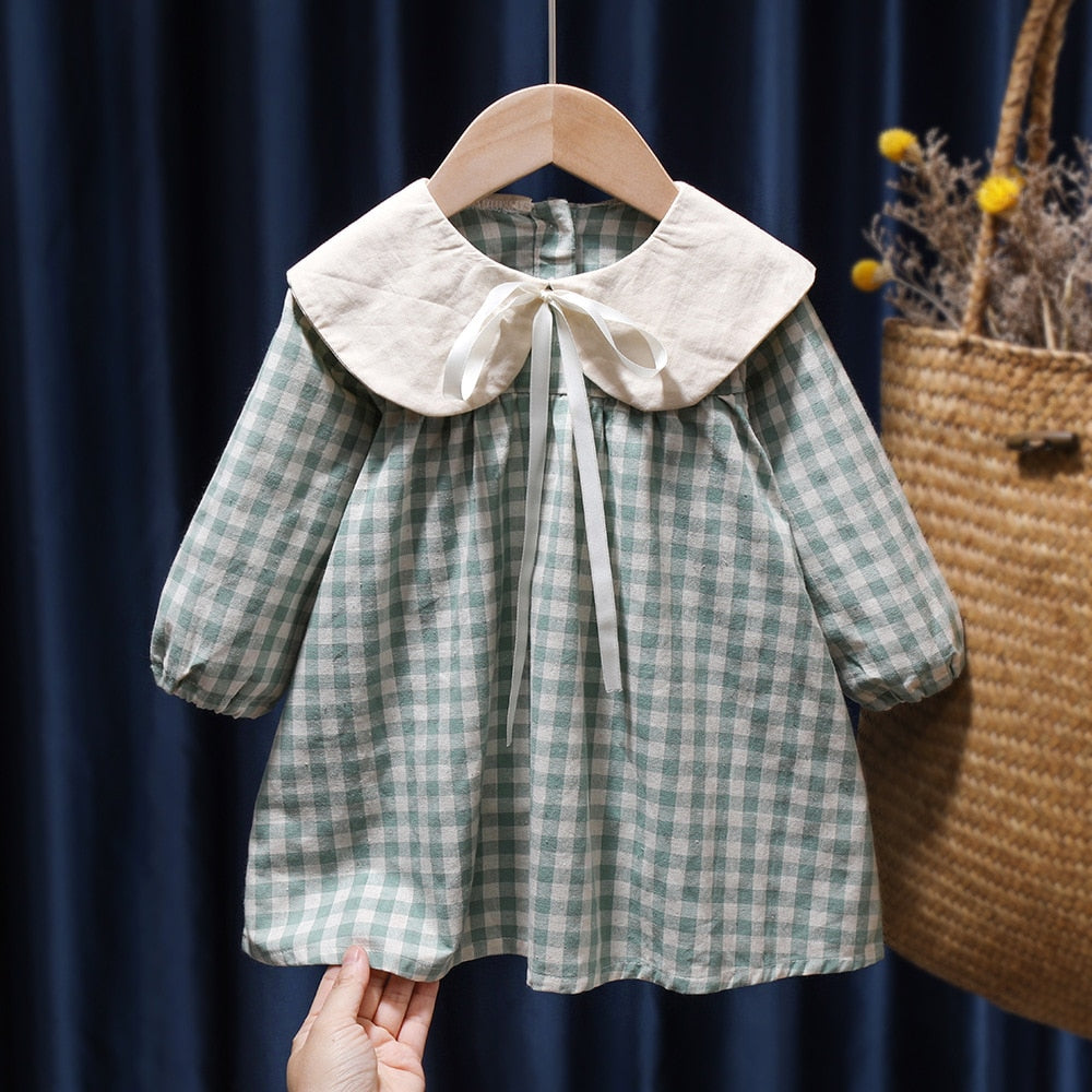 Baby Girls Dress Casual Plaid Clothes Summer  New Korean Cotton Linen Girls Princess Dress Big Turn Down Collar Dress