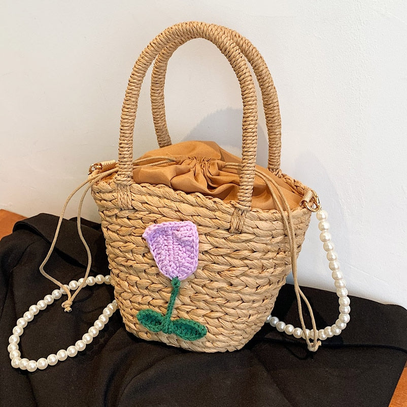 Handmade Woven Straw Bucket Bag Women Designer Handbags Bohemian Rattan Beach Bags Ins Chic Crossbody Shoulder Bag Shopper Tote