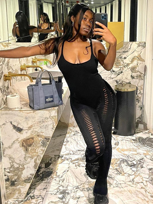 Sibybo Knitted Sleeveless Jumpsuit Women Rompers Elegant Hollow Out Bodycon Jumpsuits Femme Summer One Piece Club Party Overalls