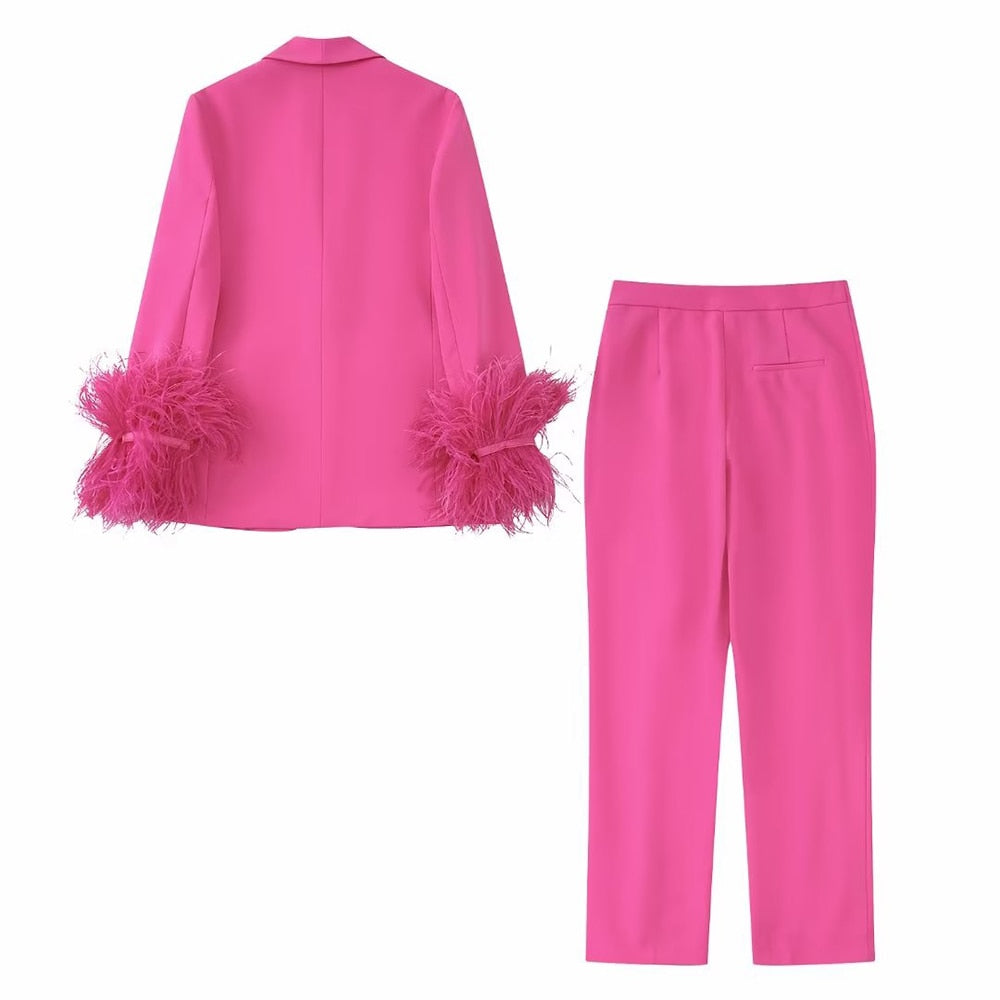 Women's Coats Feather Decoration Straight Office Suit Jacket Design Temperament Retro Fashion Female Chic Blazer 8216707