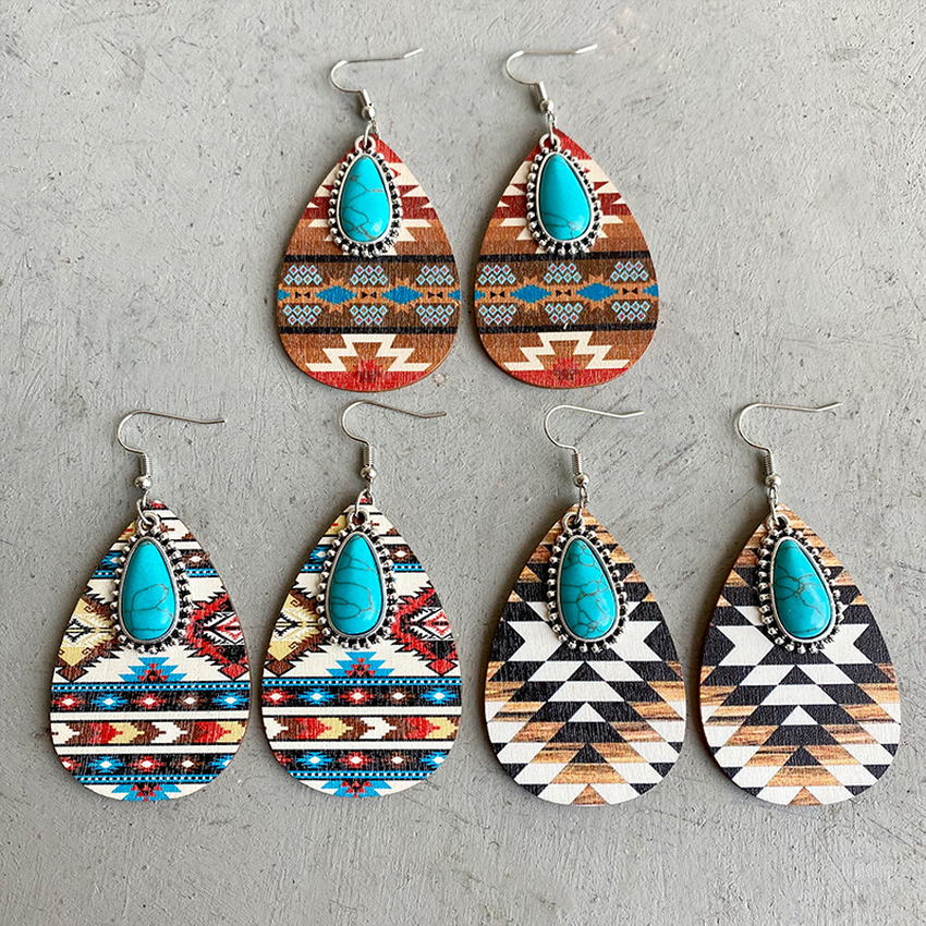 Aztec Pattern Wood Turquoise Teardrop Earrings for Women 2022 New Western Inspired Earrings Boho Jewelry Wholesale