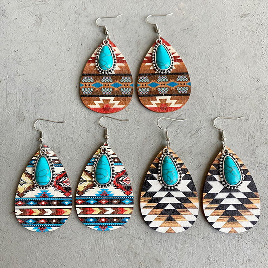Aztec Pattern Wood Turquoise Teardrop Earrings for Women 2022 New Western Inspired Earrings Boho Jewelry Wholesale