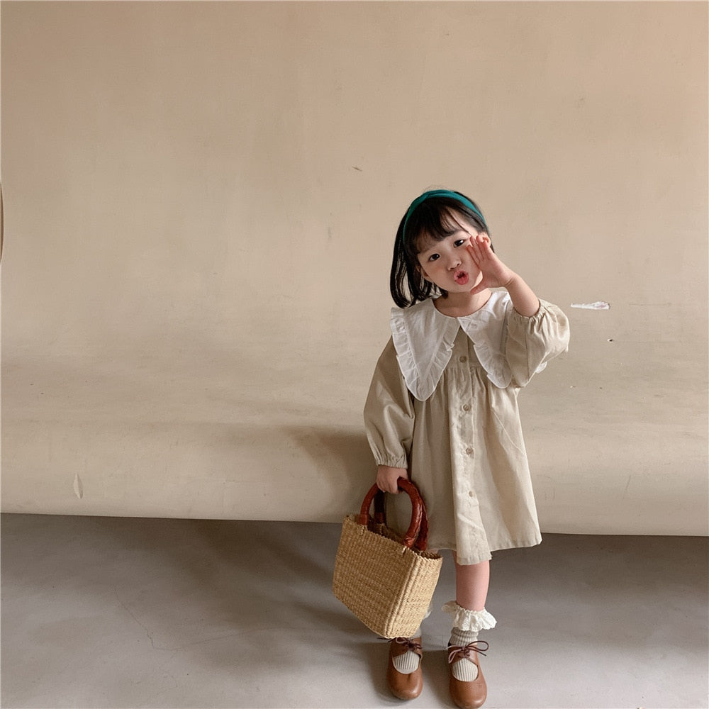 Baby Girls Dress Casual Plaid Clothes Summer  New Korean Cotton Linen Girls Princess Dress Big Turn Down Collar Dress