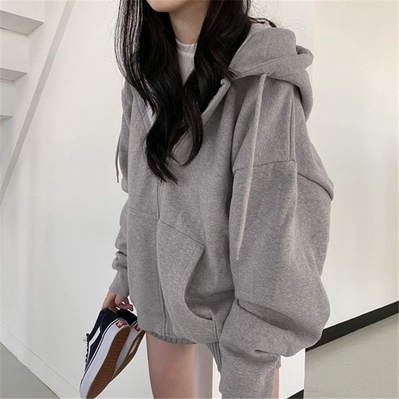 Oversize Women Hoodies Casual Solid Zip Up Hooded Sweatshirt