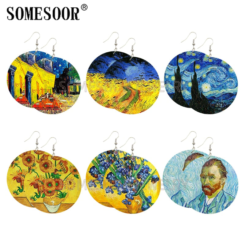 SOMESOOR Genius Painter Van Gogh Arts Portrait Wooden Drop Earrings Starry Night Sunflower Painting Women Dangle Jewelry Gift