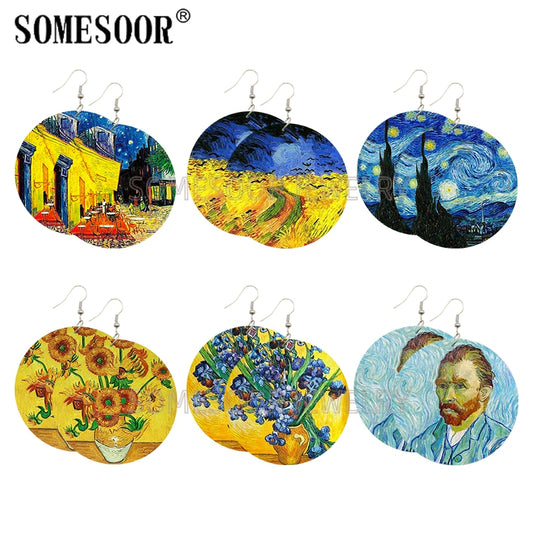 SOMESOOR Genius Painter Van Gogh Arts Portrait Wooden Drop Earrings Starry Night Sunflower Painting Women Dangle Jewelry Gift