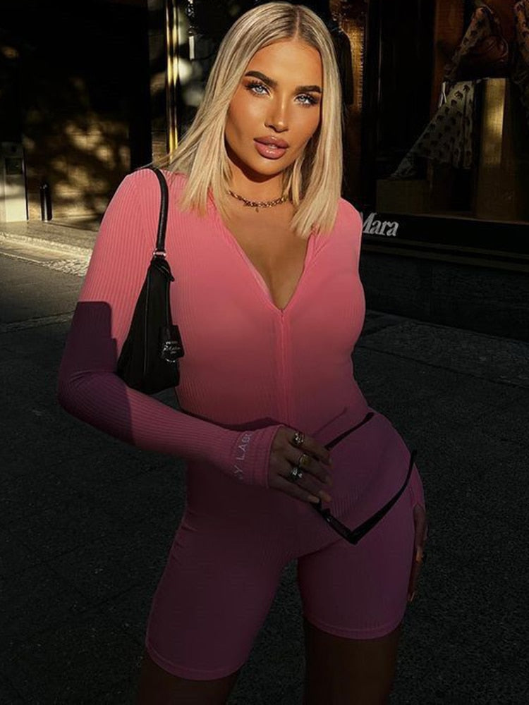 Sibybo Ribbed Turtleneck Sport Wear Casual Jumpsuit Women Letter Embroidery Skinny Sexy Playsuit Female Fitness Rompers Overalls