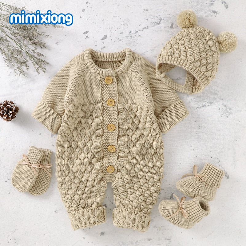 Baby Rompers Caps Clothes Sets Newborn Girl Boy Knitted Jumpsuits Outfits Autumn Winter Long Sleeve Toddler Infant Overalls 2pcs