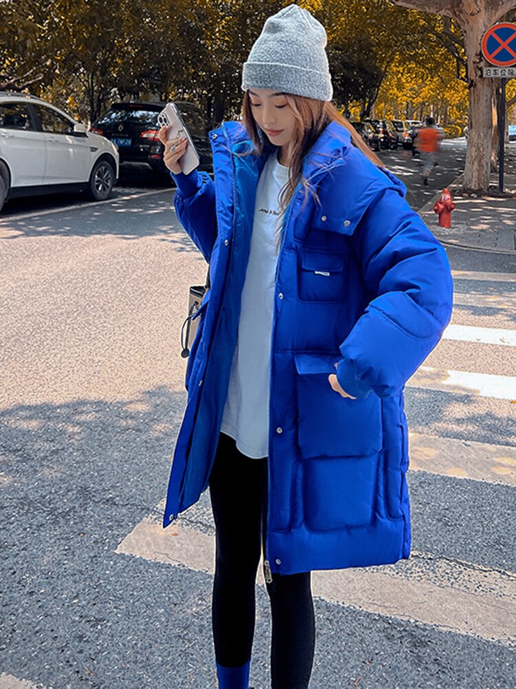 2022 Winter Mid-Long Parkas Jackets Women Solid Casual Thick Warm Hooded Coat Female Korean Cotton Padded Loose Puffer Coats
