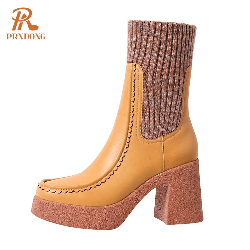 Genuine Leather Women's Shoes Chunky High Heels Platform