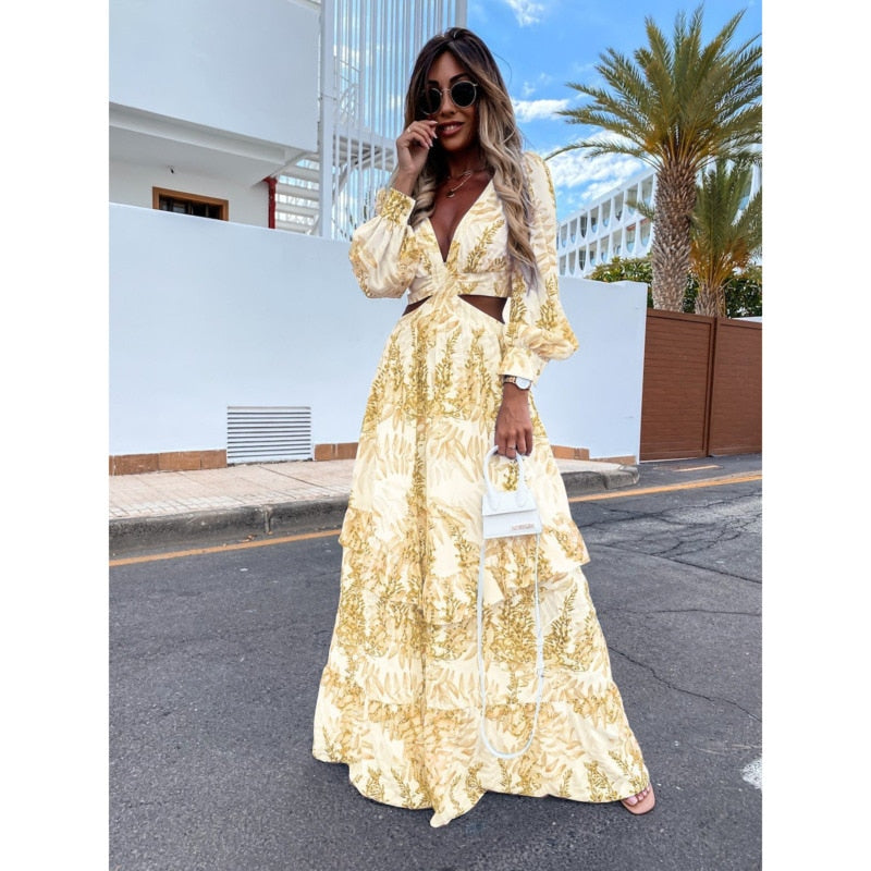 Women Tunic Beach Cover Up Sexy V-Neck Backless Hollow Out Lantern Sleeve Maxi Dress Female Club Party Long Dresses