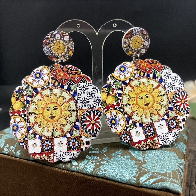 Bohemian Ethnic Church Ceramic Pattern Statement Earrings Vintage Wooden Big Round Water Drop Earrings For Women Jewelry Gift