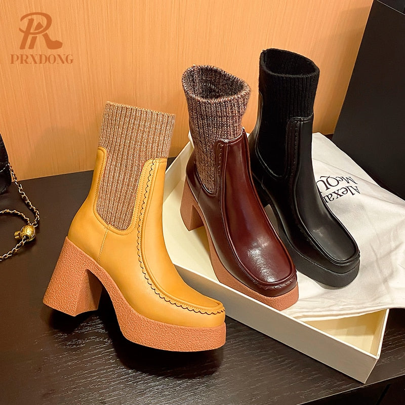 Genuine Leather Women's Shoes Chunky High Heels Platform