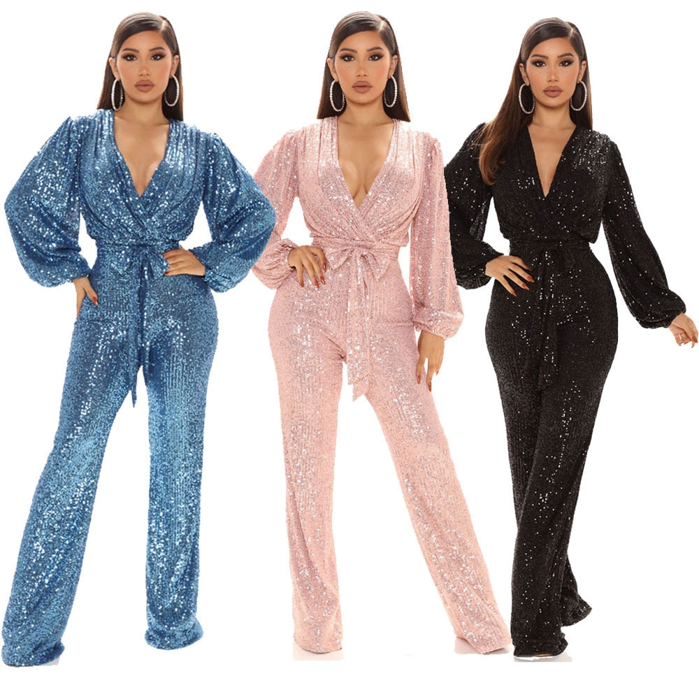 Sexy V Neck Puff Sleeve Sequined Bind Wide-legged Jumpsuit Romper Overalls