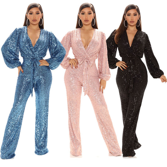Sexy V Neck Puff Sleeve Sequined Bind Wide-legged Jumpsuit Romper Overalls