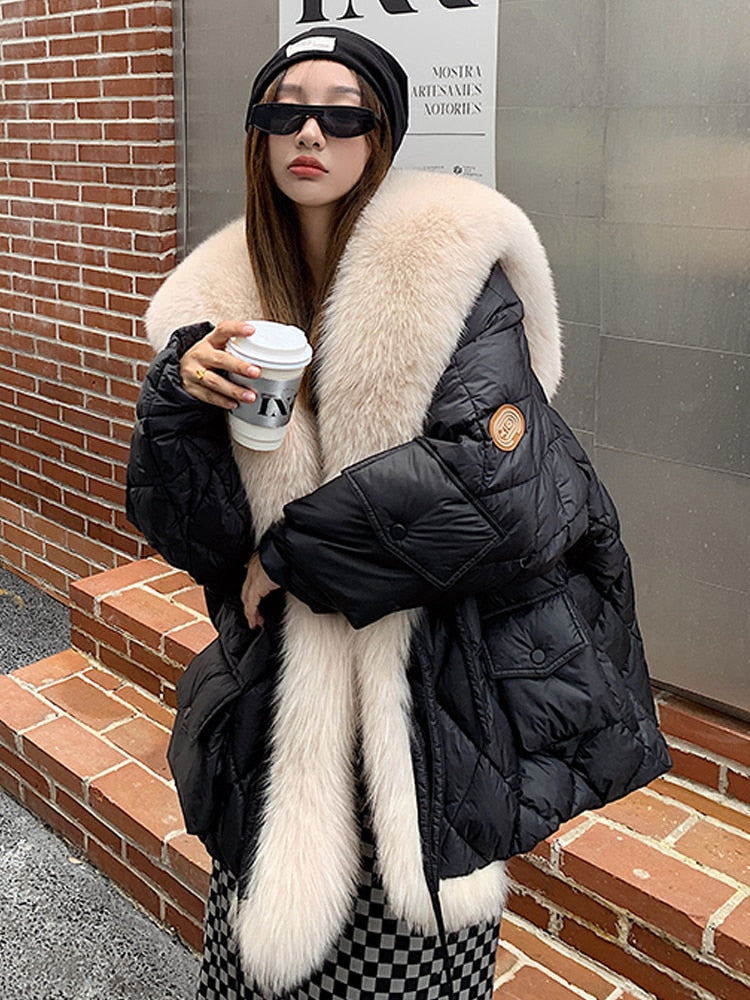 Janveny Big Luxury Real Fox Fur Collar 2022 Women Winter Down Jacket 90% Duck Down Coat Puffer Feather Female Parka Snow Outwear