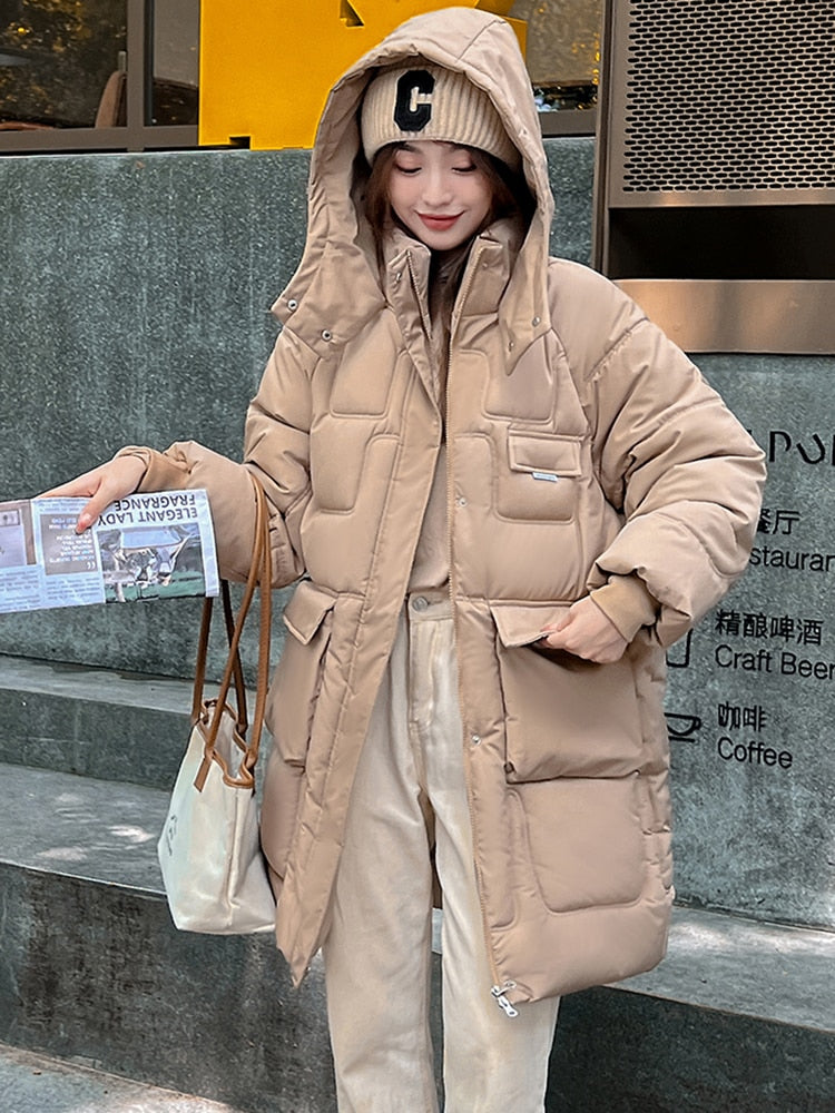 2022 Winter Mid-Long Parkas Jackets Women Solid Casual Thick Warm Hooded Coat Female Korean Cotton Padded Loose Puffer Coats