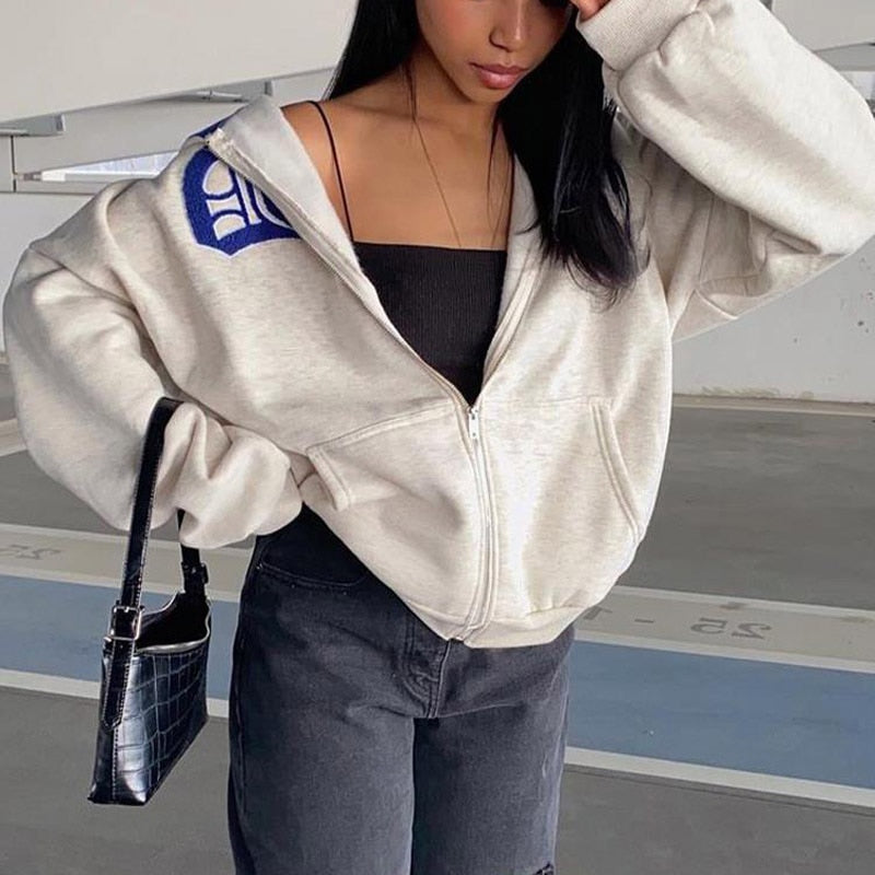 Harajuku Oversized Sweatshirt Streetwear Letter Print Zip Up Hoodie Clothing