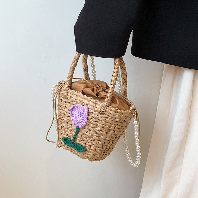 Handmade Woven Straw Bucket Bag Women Designer Handbags Bohemian Rattan Beach Bags Ins Chic Crossbody Shoulder Bag Shopper Tote