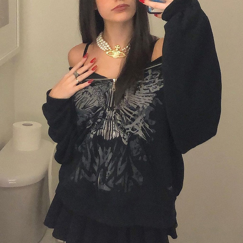 Y2k Hoodie Zip up Oversized Top Gothic Clothe Vintage Punk Blouse Grunge