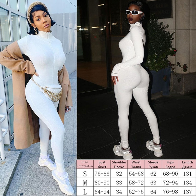 Knitted Zip Up Long Sleeve Women Jumpsuits Elegant Pure Color Bodycon Rompers Bright Line Patchwork Workout Loungewear Jumpsuit