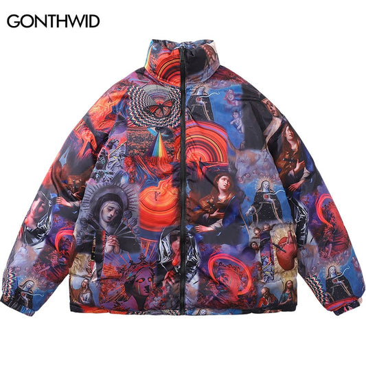 Hip Hop Reversible Jacket Winter Parka Streetwear Vintage Painting Print Thick Warm Puffer Coats 2022 Harajuku Oversized Outdoor