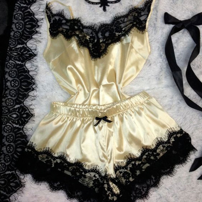 Sleepwear Sexy Lace Satin Pajama Sets Nightwear Sleeveless Tops+Shorts 2 Pcs Sets Pyjama Sets For Women Pijama