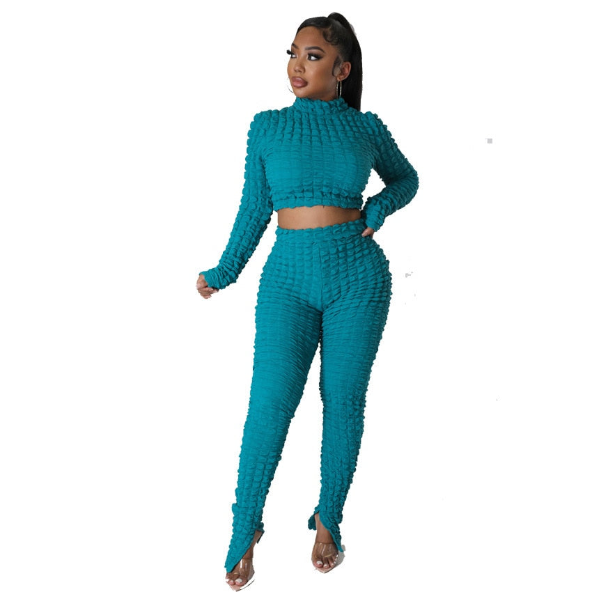 Turtleneck Solid Long Sleeve Crop Top split Pant